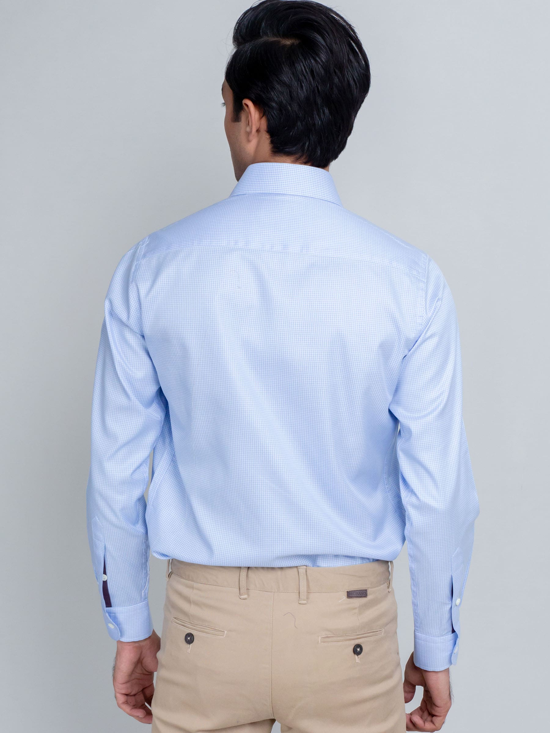Sky Blue Micro Gingham Shirt With Shallow Collar