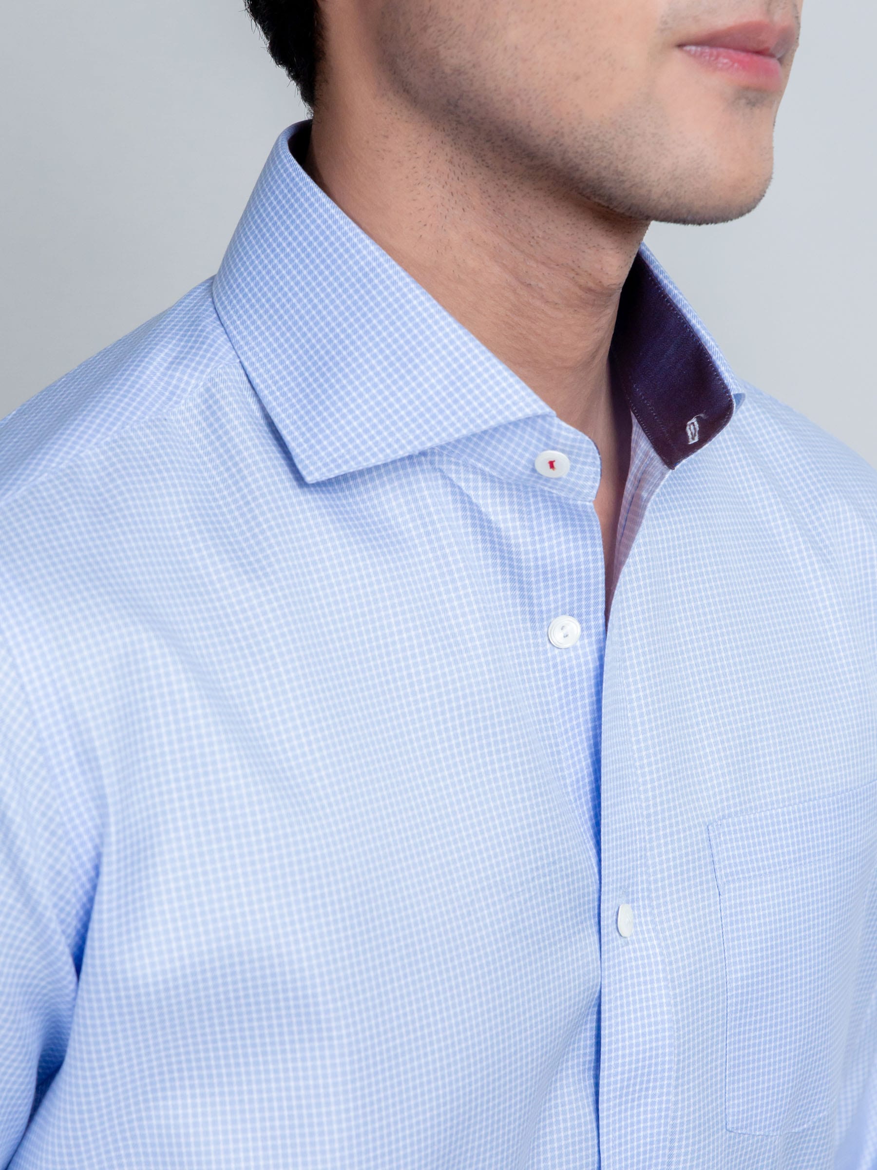 Sky Blue Micro Gingham Shirt With Shallow Collar