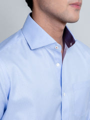 Sky Blue Micro Gingham Shirt With Shallow Collar