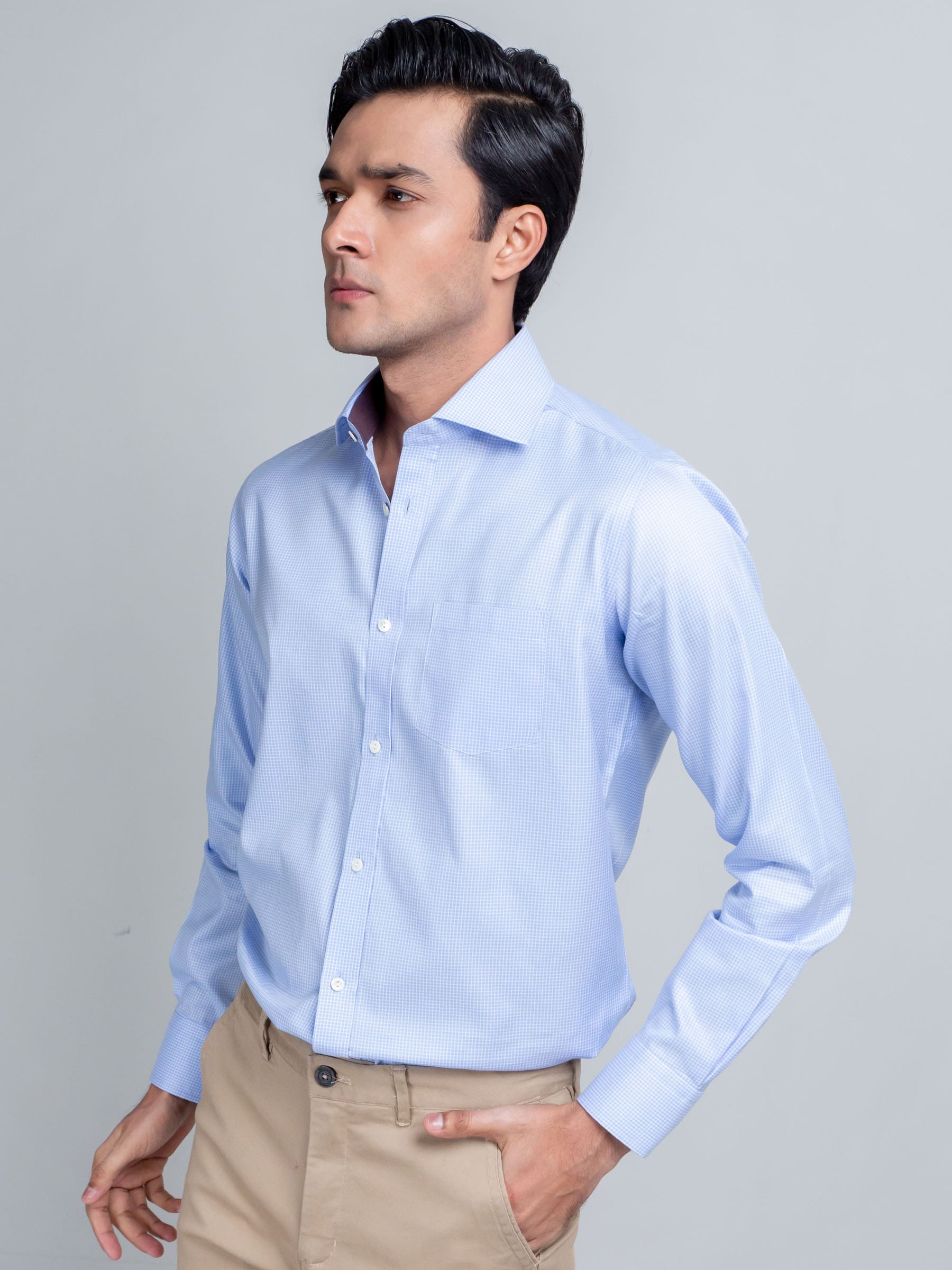 Sky Blue Micro Gingham Shirt With Shallow Collar