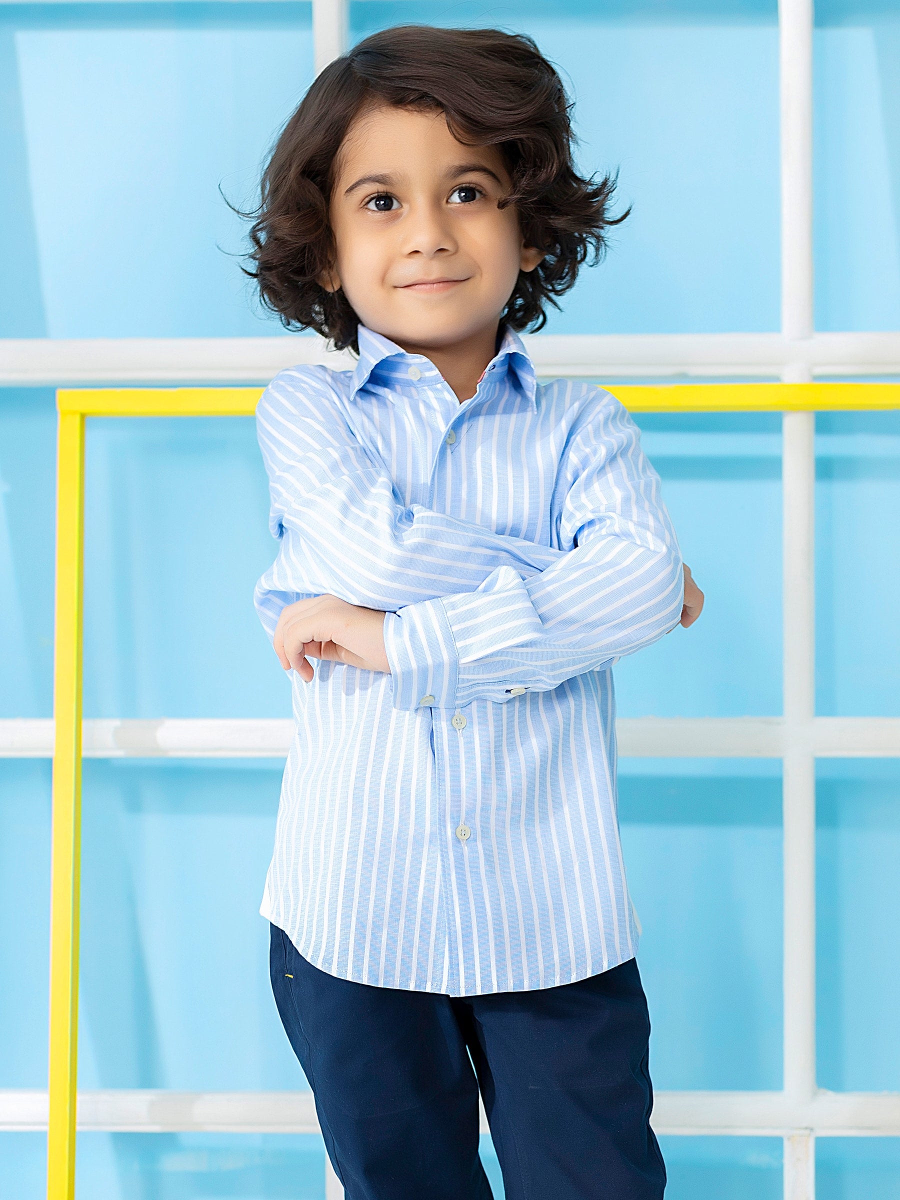 Sky Blue Striped Long Sleeve Formal Shirt - Junior