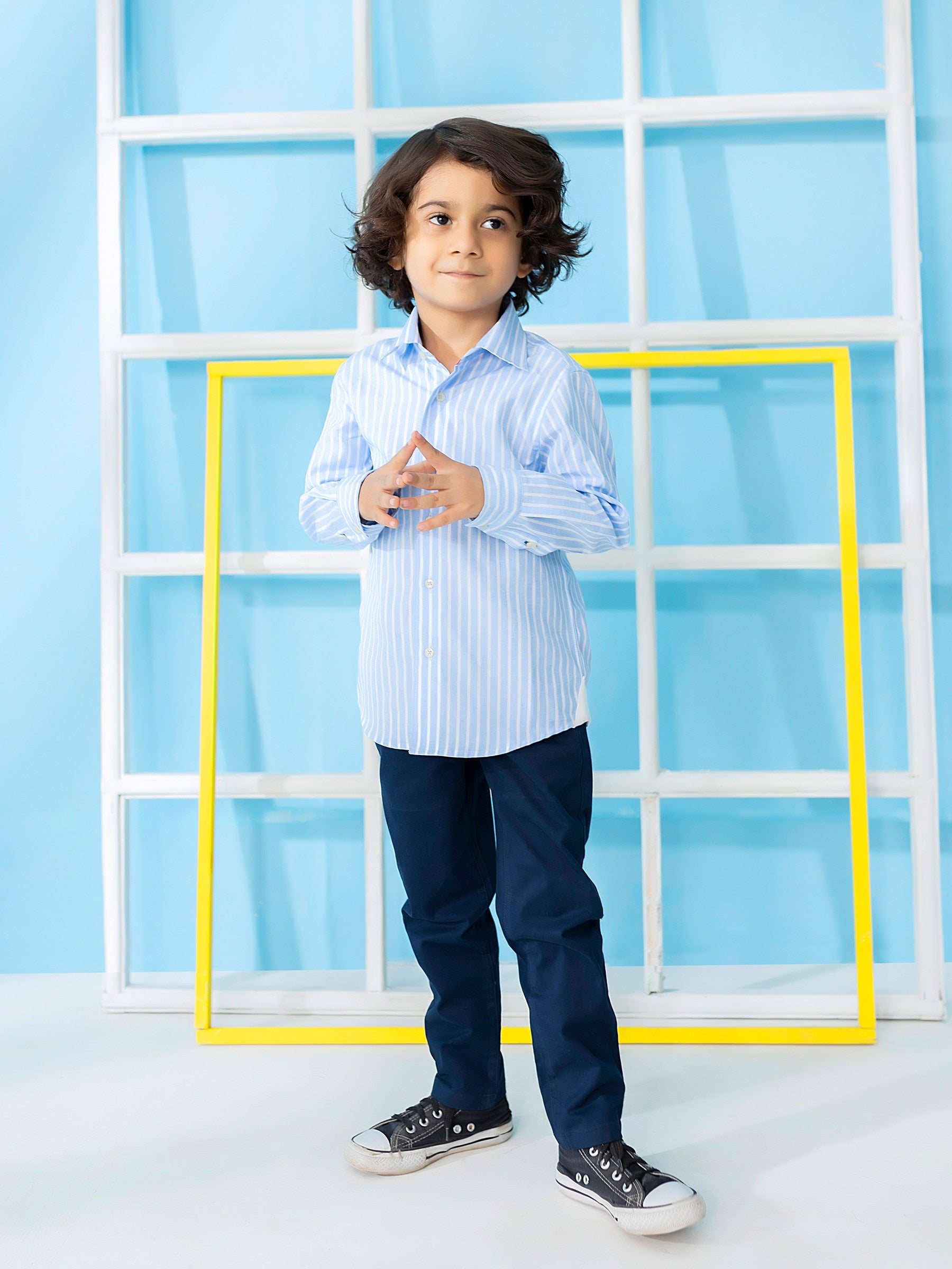 Sky Blue Striped Long Sleeve Formal Shirt - Junior