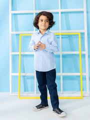 Sky Blue Striped Long Sleeve Formal Shirt - Junior