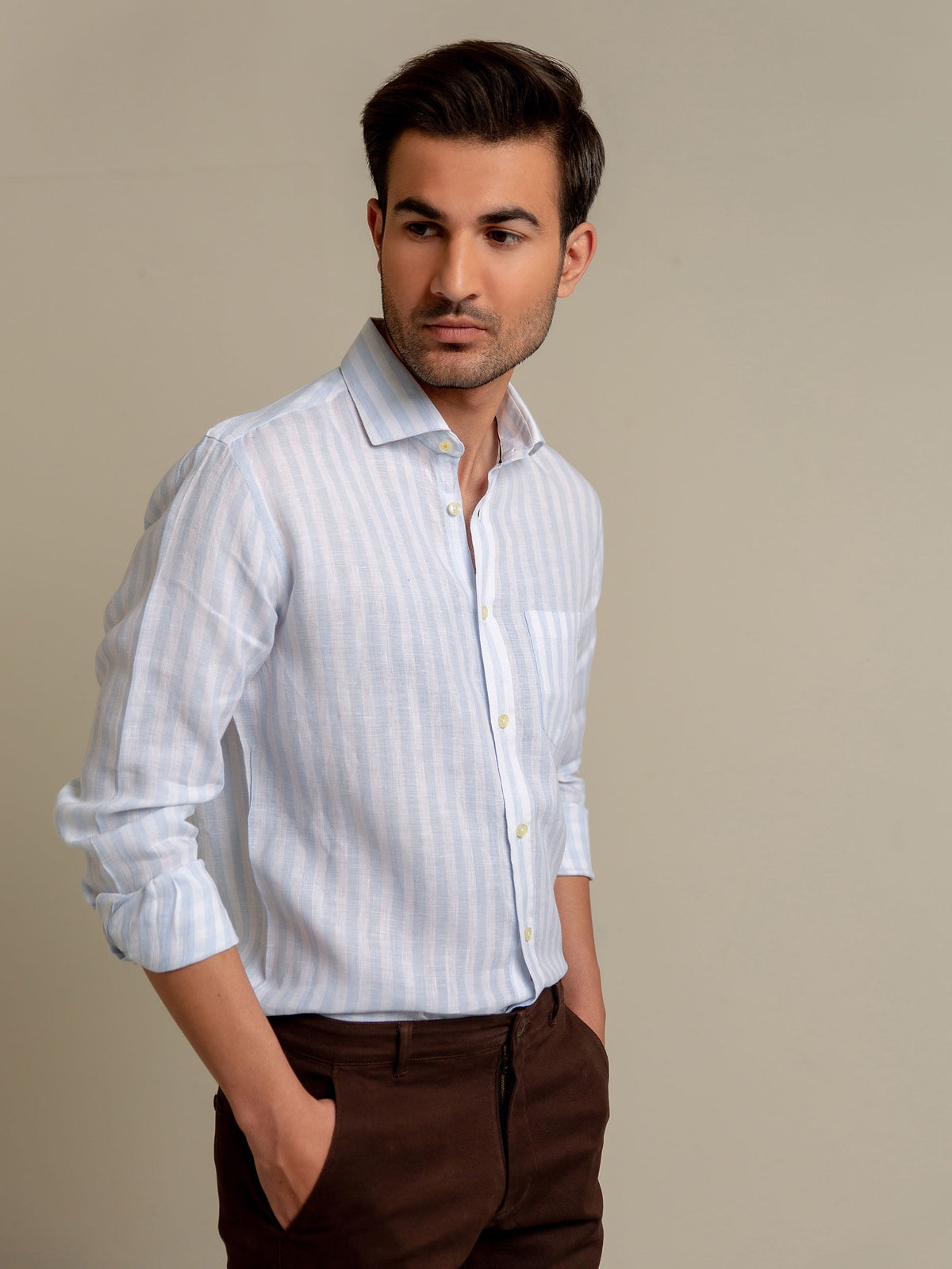 Sky Blue & White Striped 100% Linen Shirt