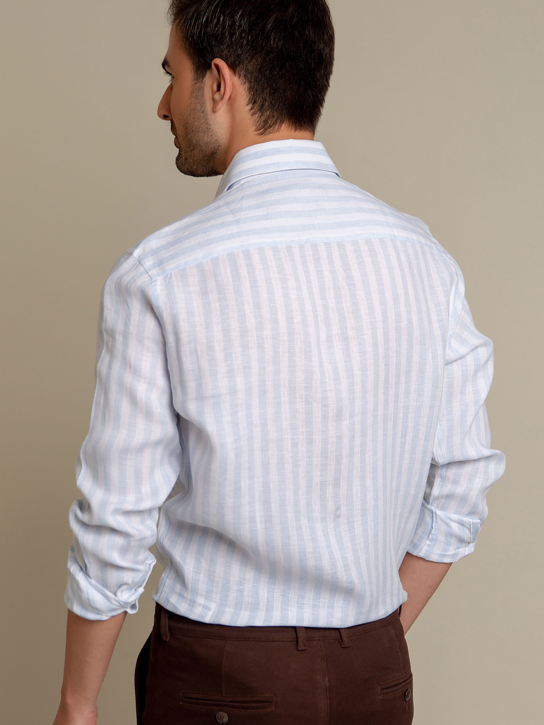 Sky Blue & White Striped 100% Linen Shirt