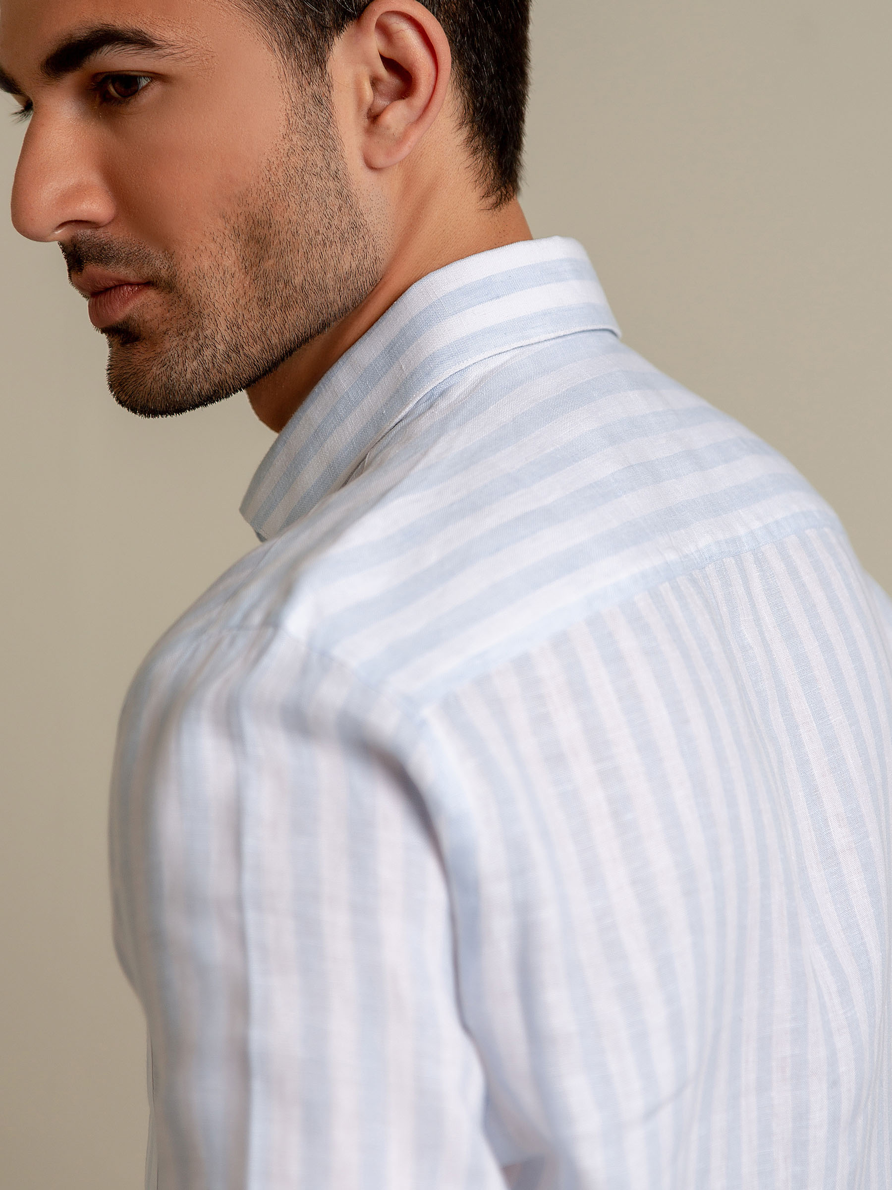 Sky Blue & White Striped 100% Linen Shirt