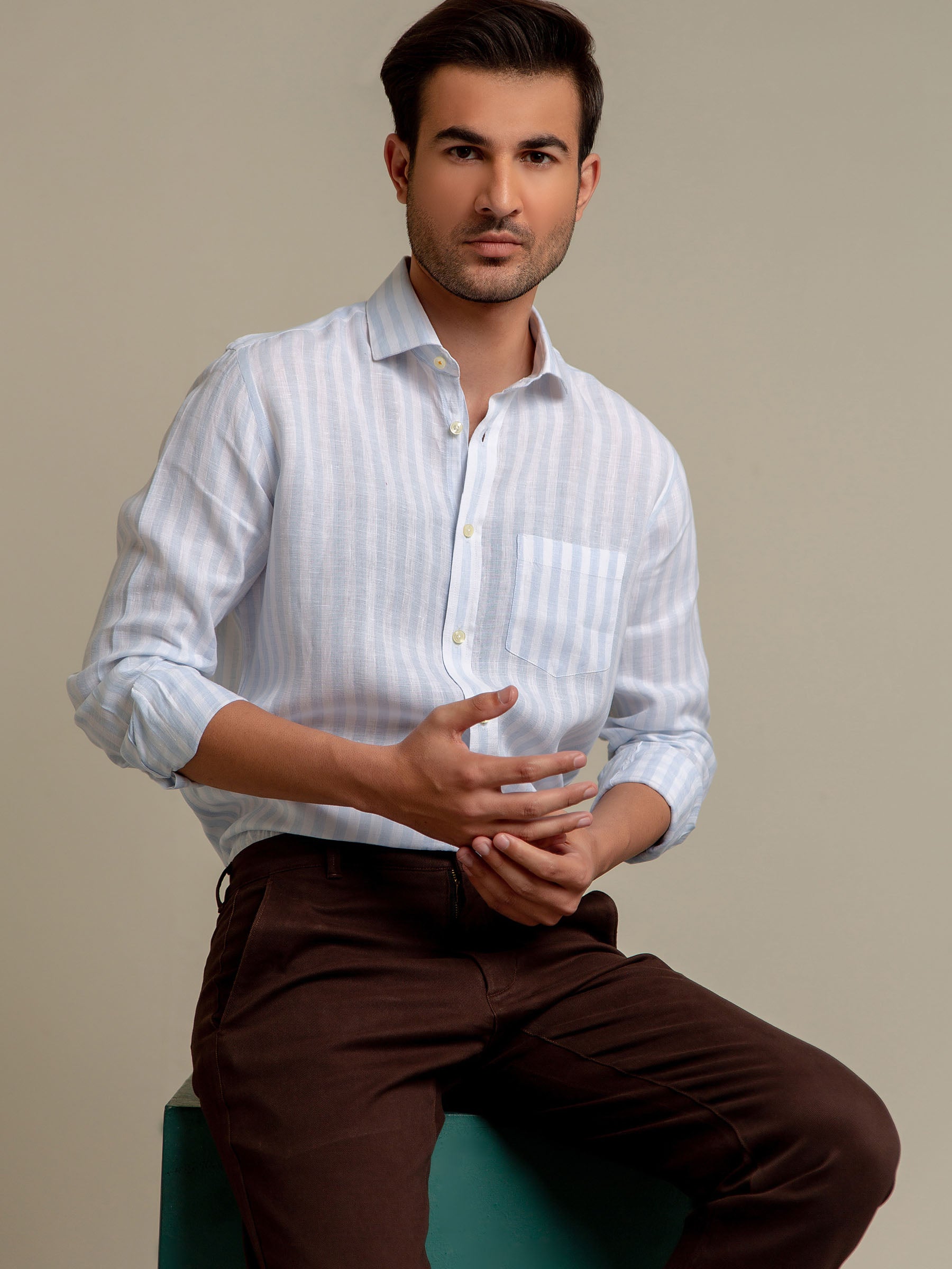 Sky Blue & White Striped 100% Linen Shirt