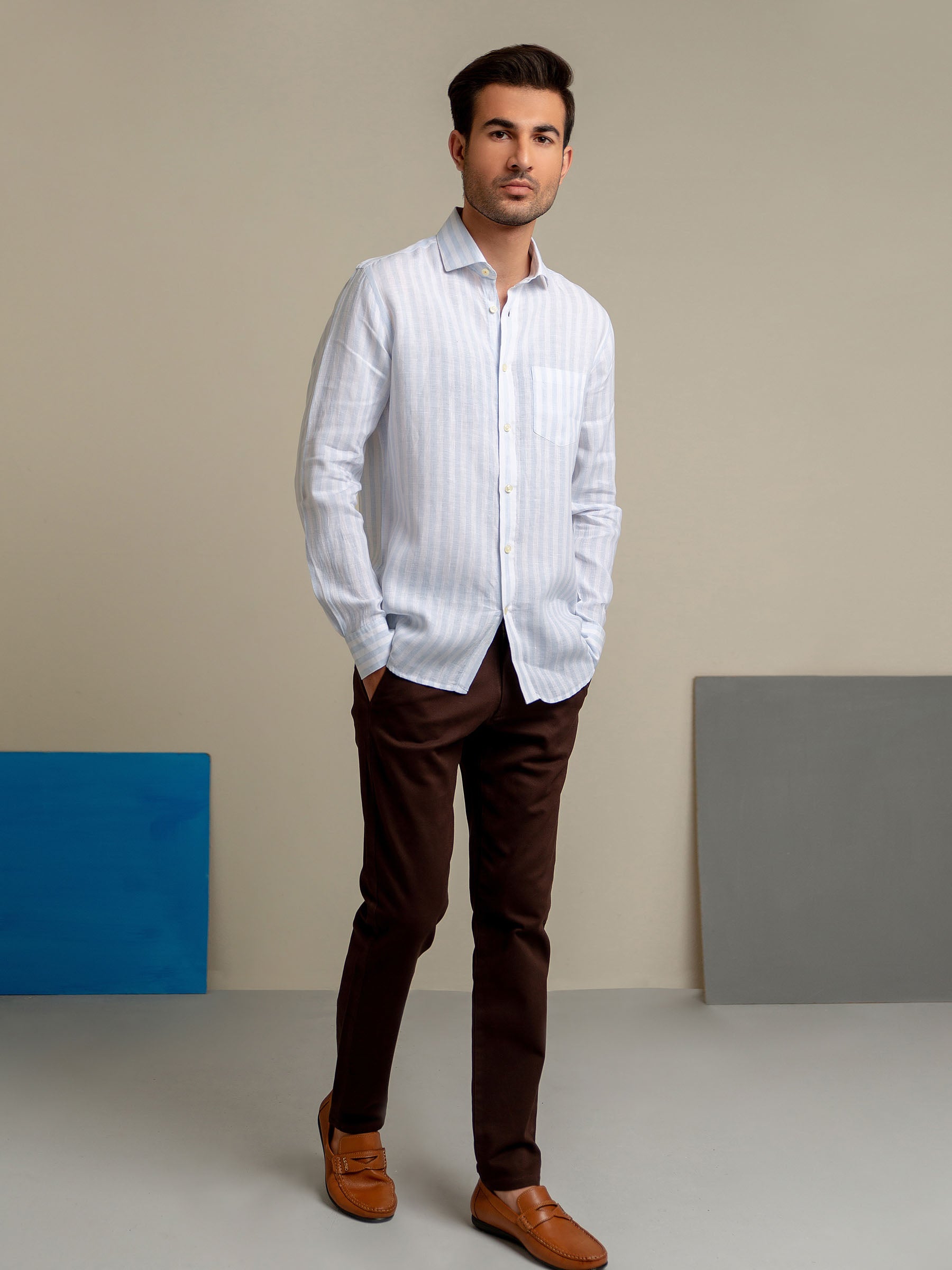 Sky Blue & White Striped 100% Linen Shirt