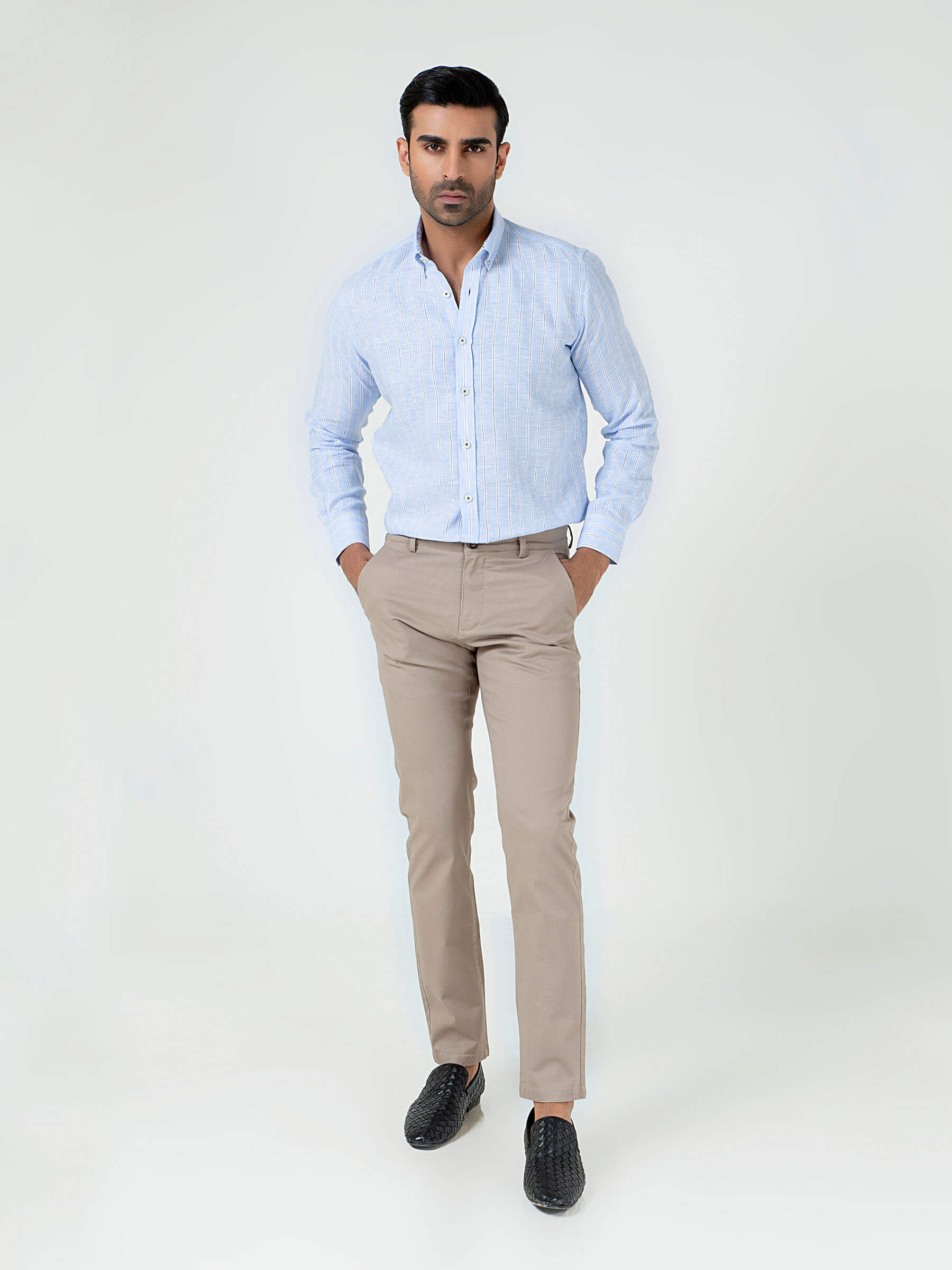 Sky Blue 100% Linen Striped Shirt