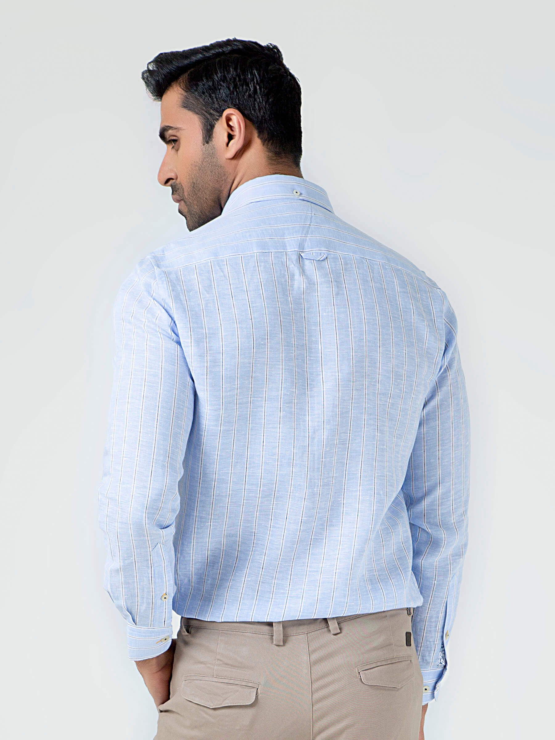 Sky Blue 100% Linen Striped Shirt