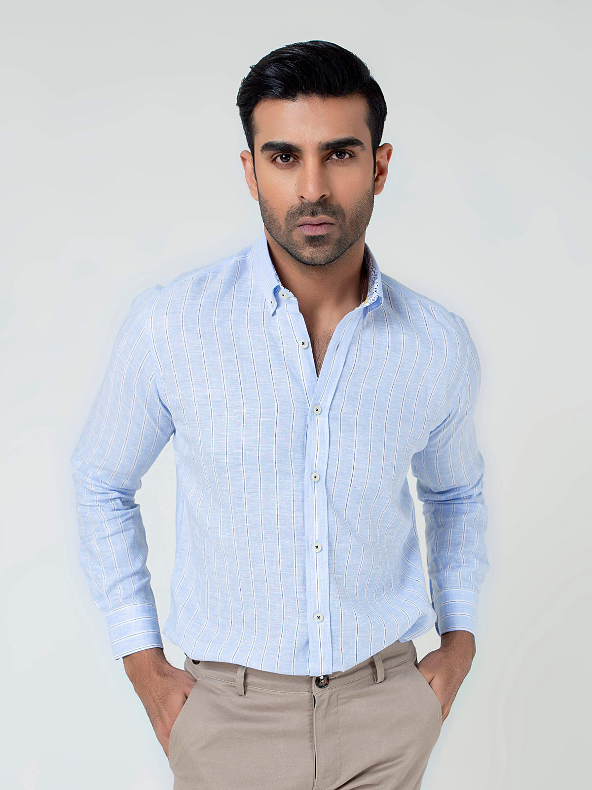 Sky Blue 100% Linen Striped Shirt