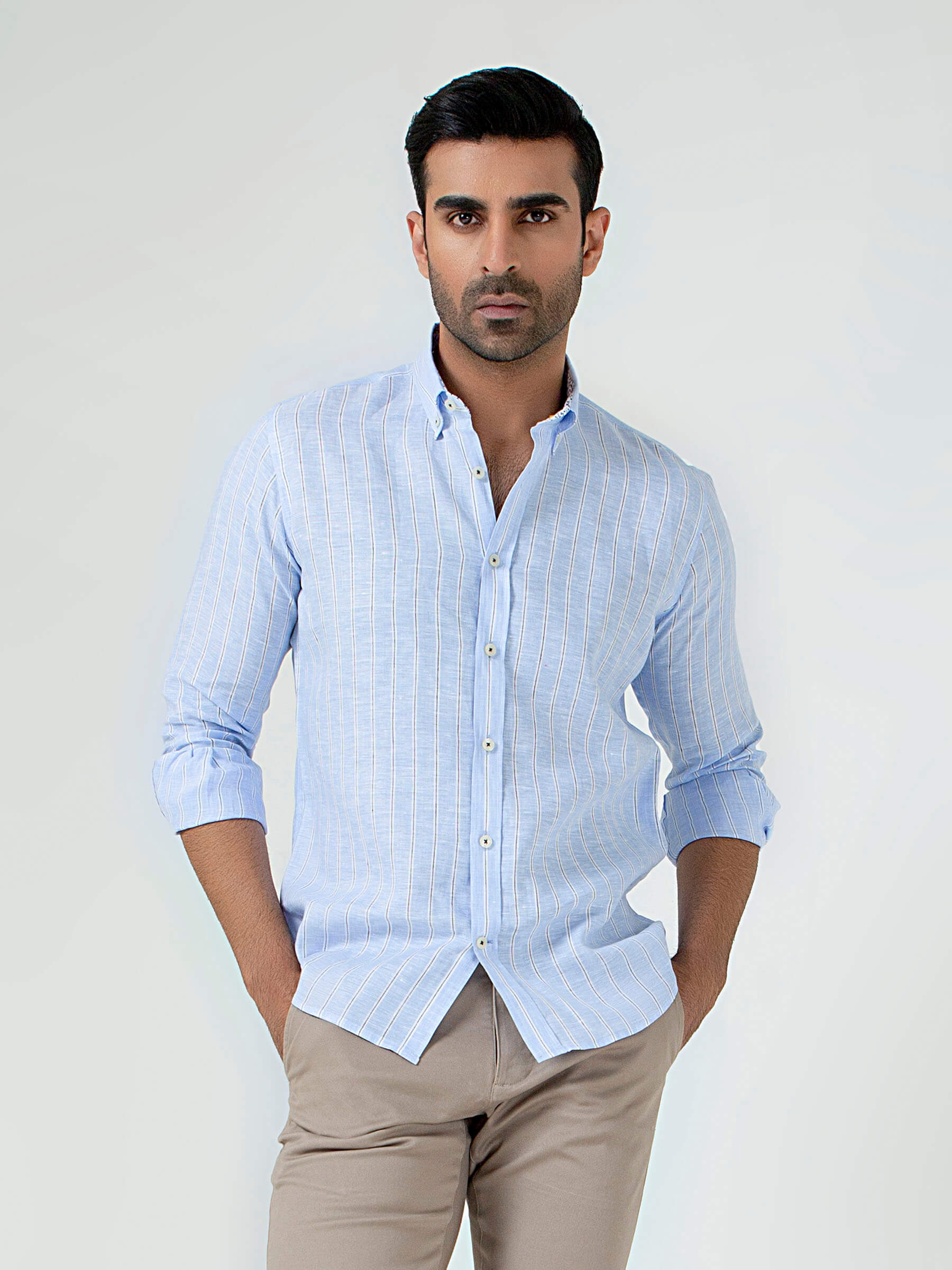 Sky Blue 100% Linen Striped Shirt