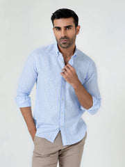 Sky Blue 100% Linen Striped Shirt