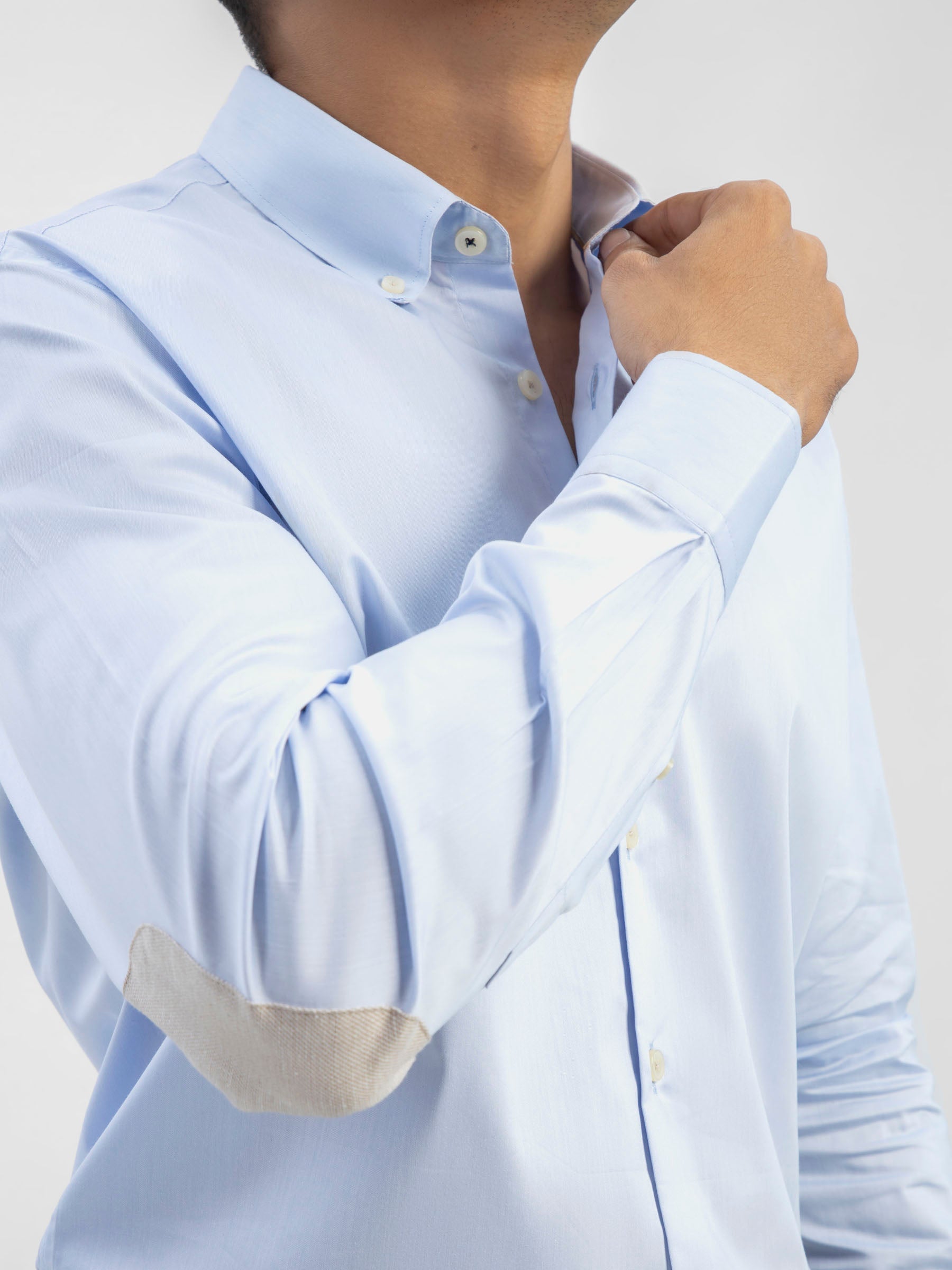 Sky Blue Button Down Shirt With Beige Elbow Patch