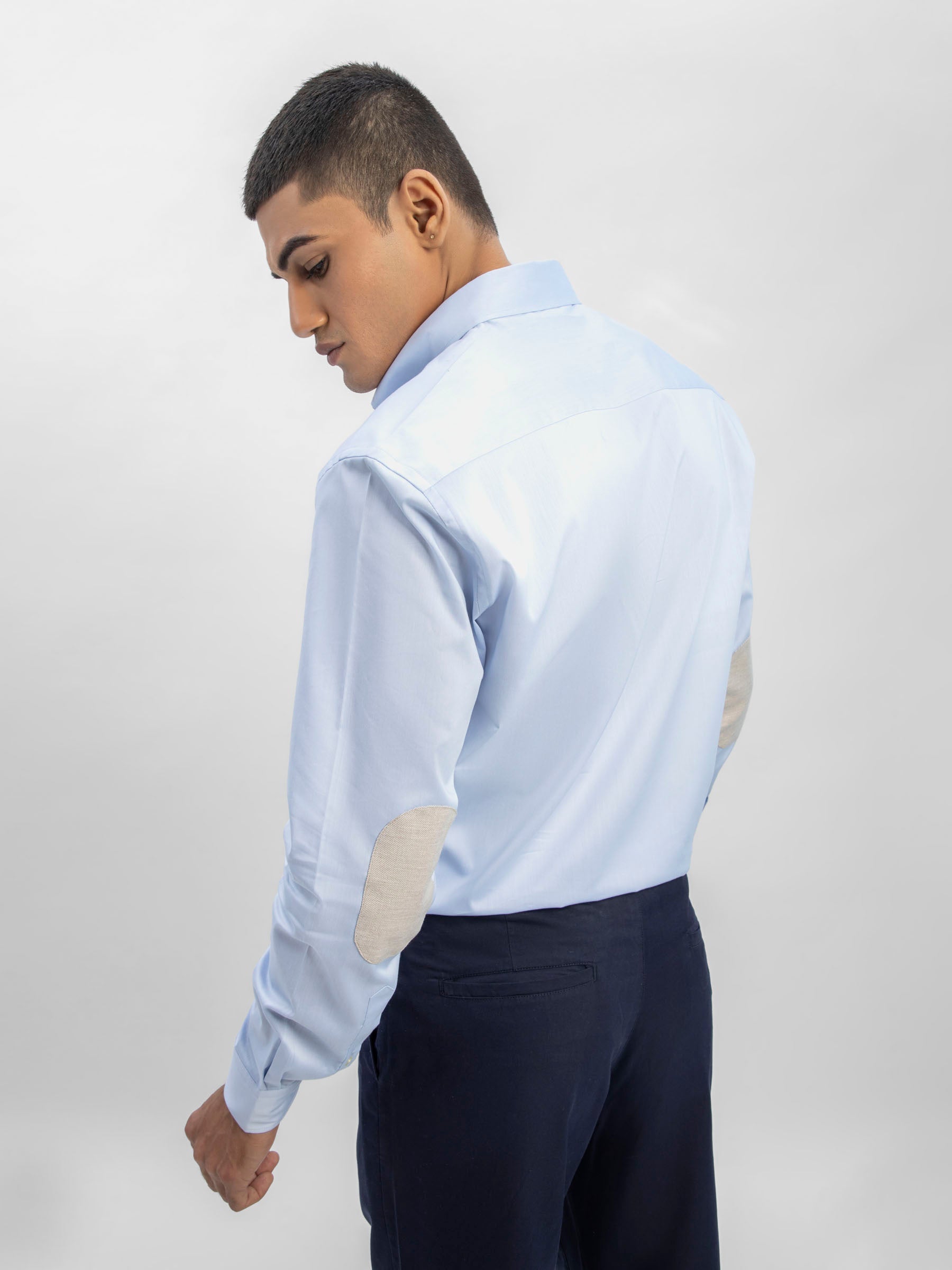Sky Blue Button Down Shirt With Beige Elbow Patch