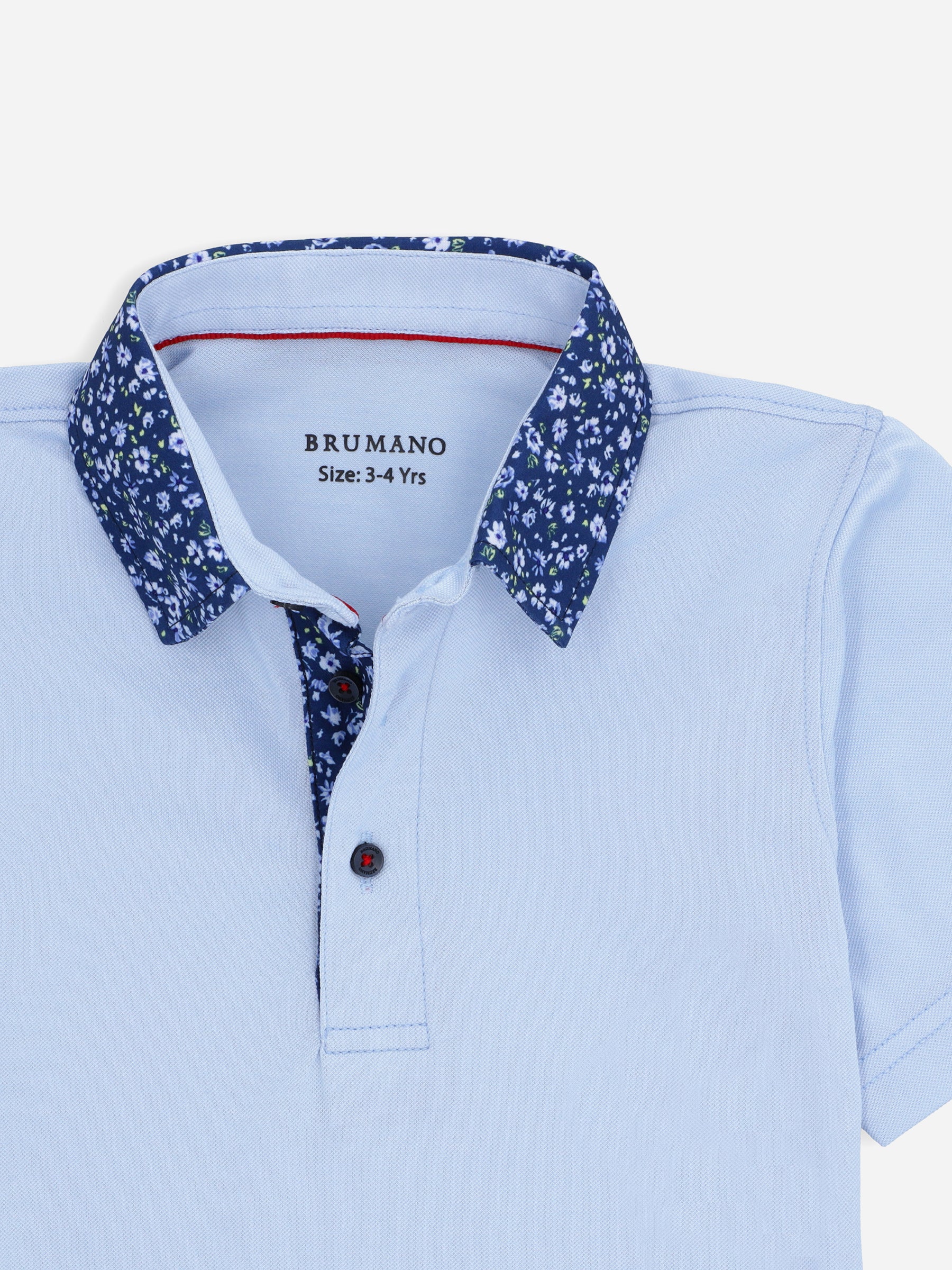 Sky Blue Casual Polo Shirt With Printed Floral Collar