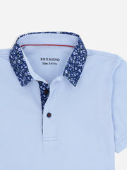 Sky Blue Casual Polo Shirt With Printed Floral Collar