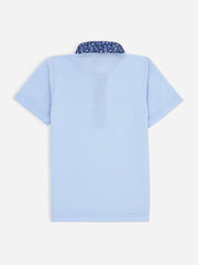 Sky Blue Casual Polo Shirt With Printed Floral Collar