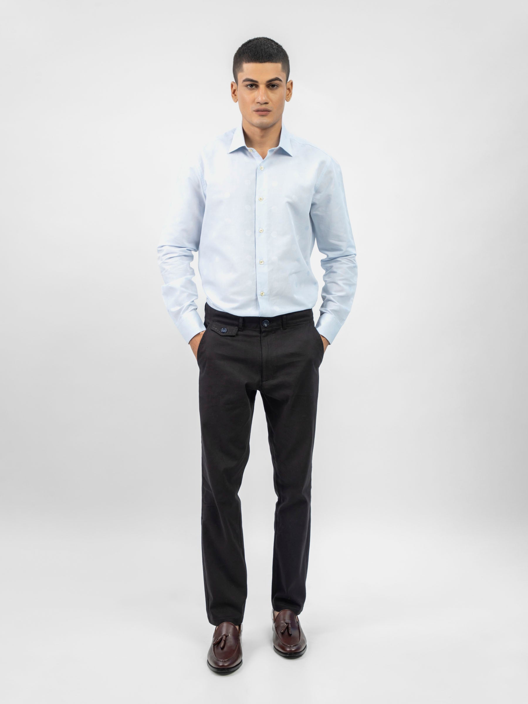 Sky Blue Cotton/Linen Polka Dot Patterned Shirt