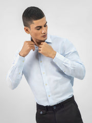 Sky Blue Cotton/Linen Polka Dot Patterned Shirt
