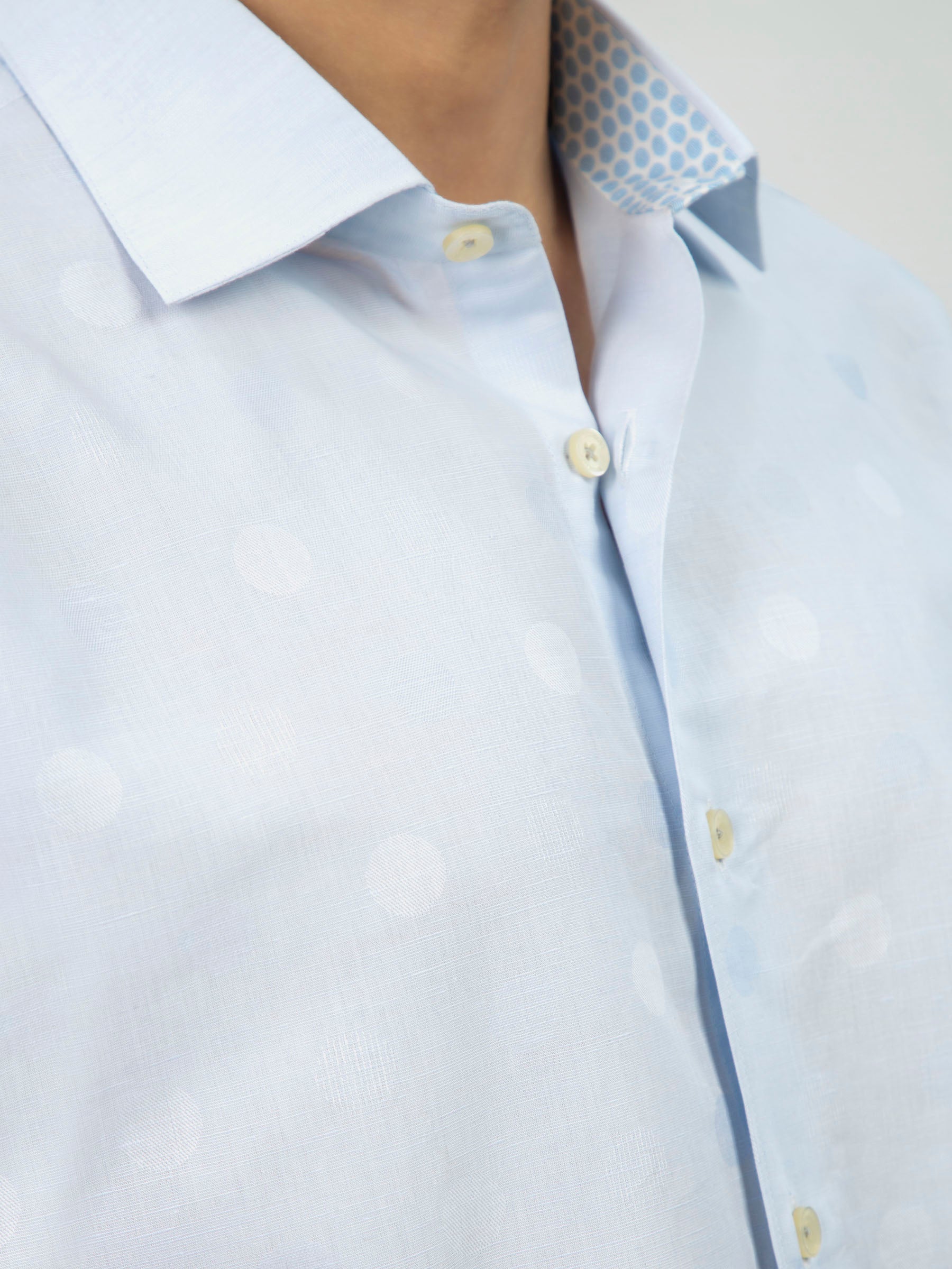 Sky Blue Cotton/Linen Polka Dot Patterned Shirt