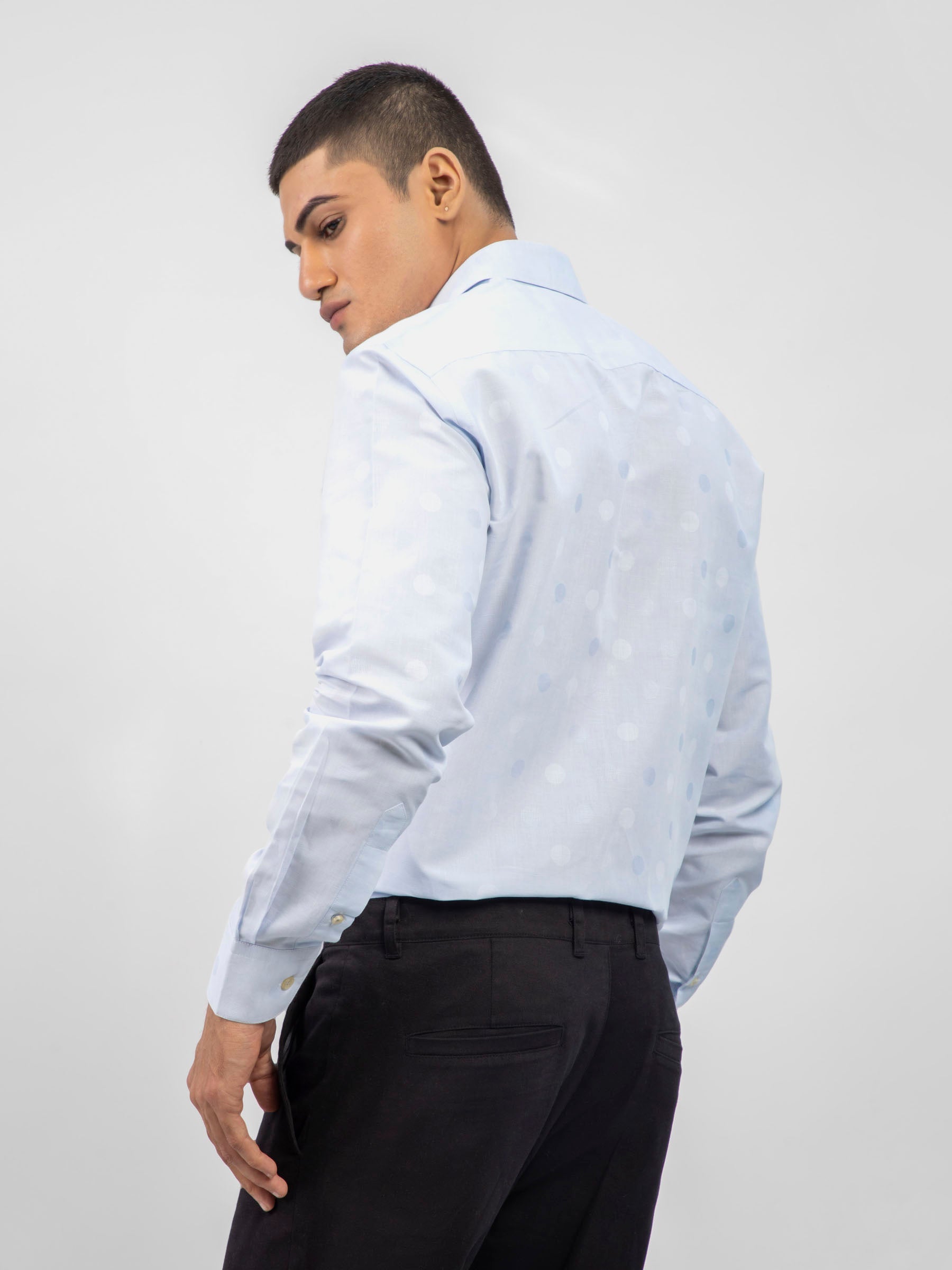 Sky Blue Cotton/Linen Polka Dot Patterned Shirt