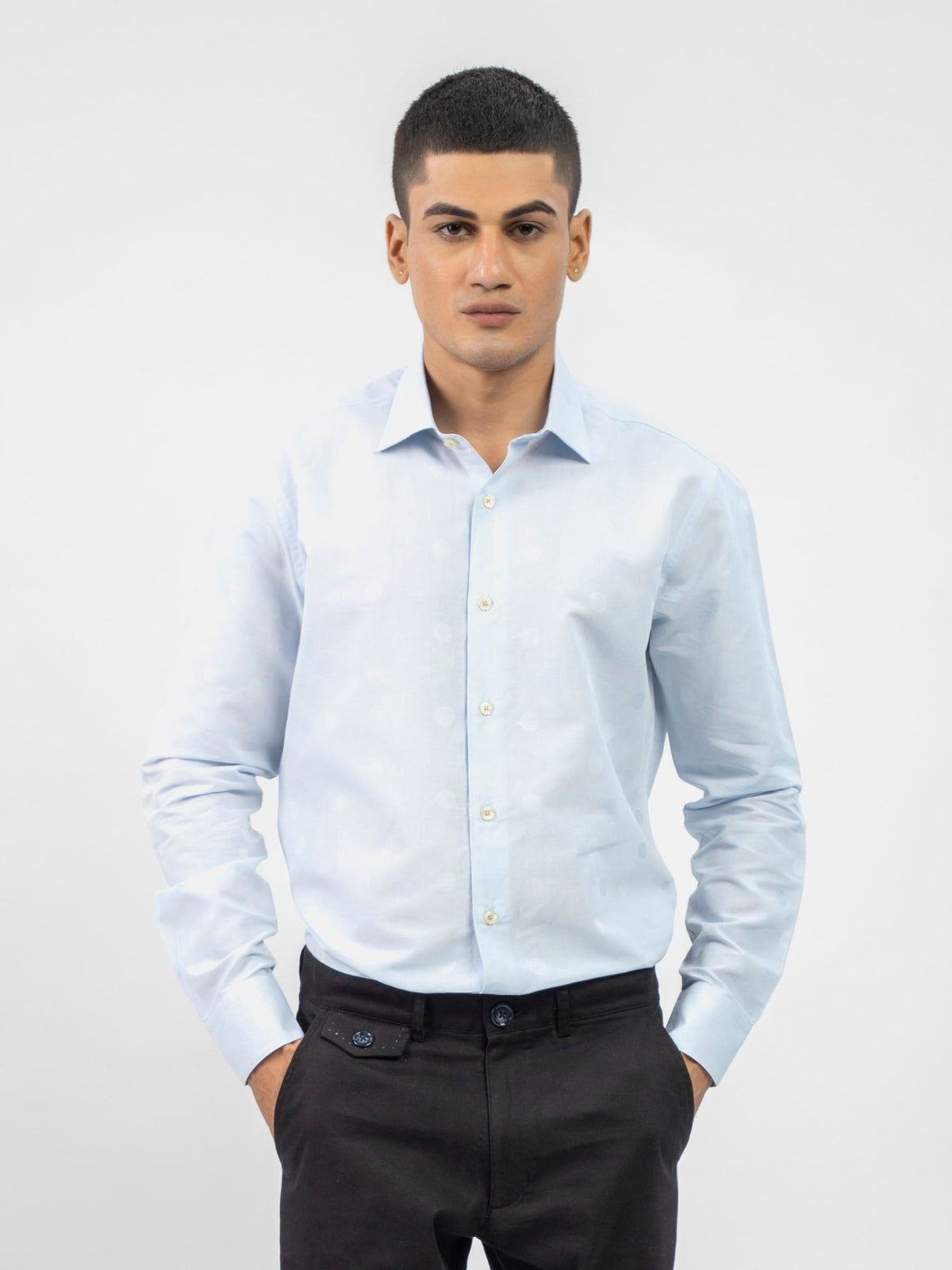 Sky Blue Cotton/Linen Polka Dot Patterned Shirt