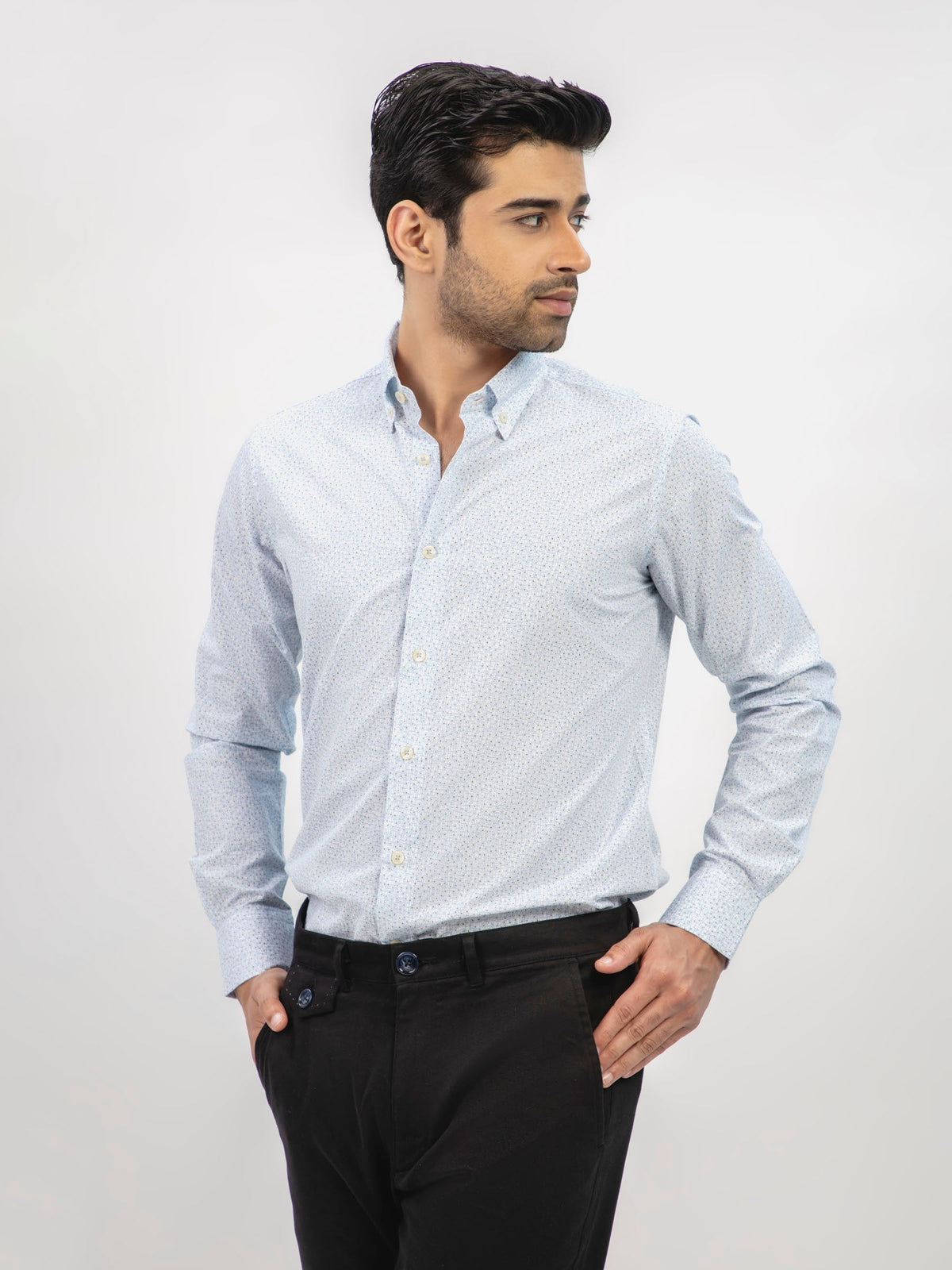 Sky Blue Floral Printed Button Down Shirt