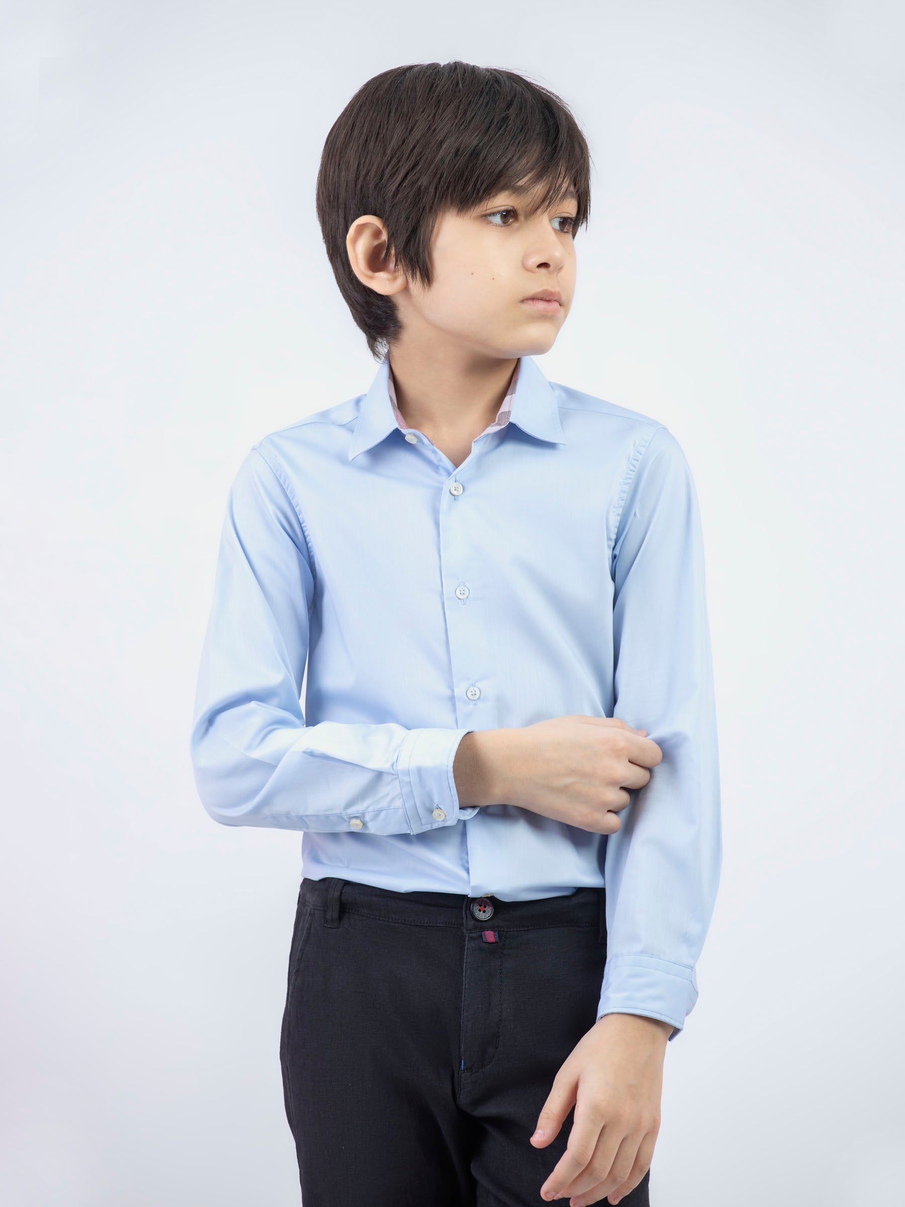 Sky Blue Formal Satin Shirt With Collar Detailing