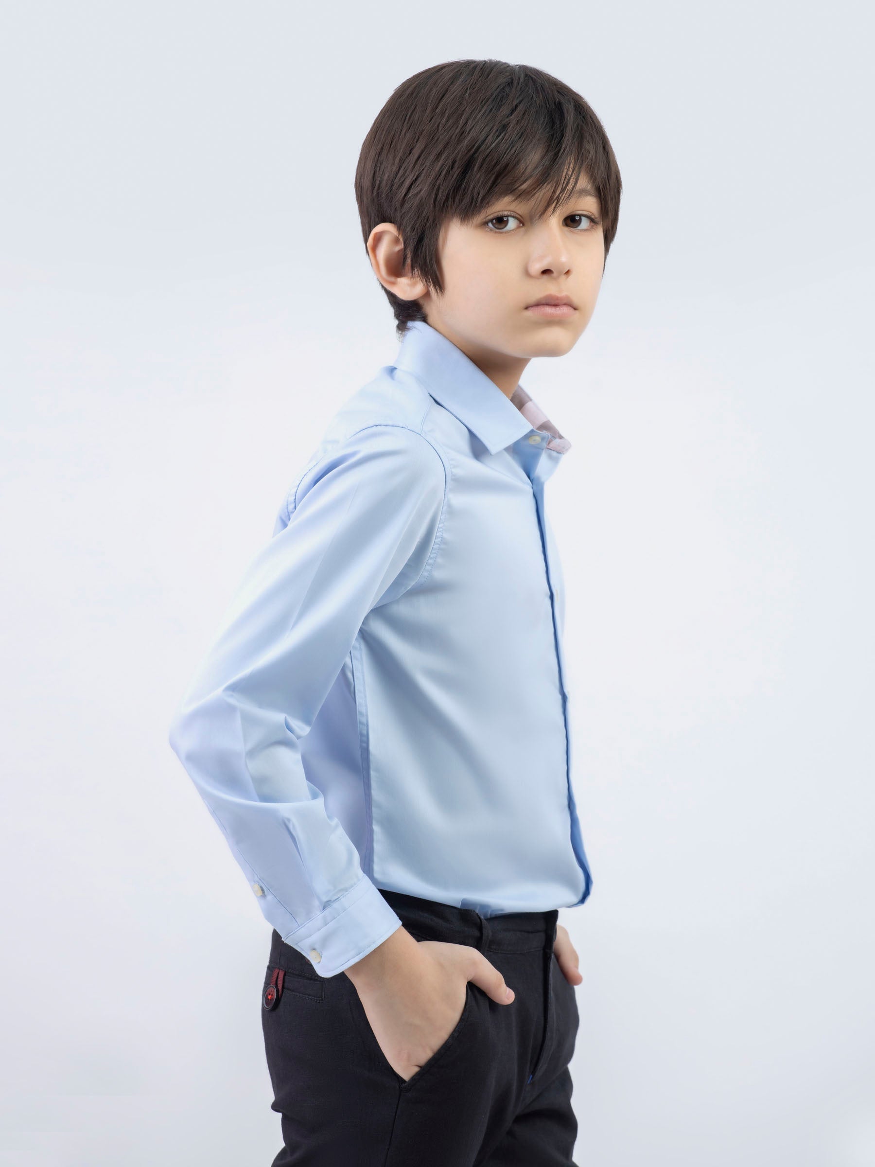 Sky Blue Formal Satin Shirt With Collar Detailing