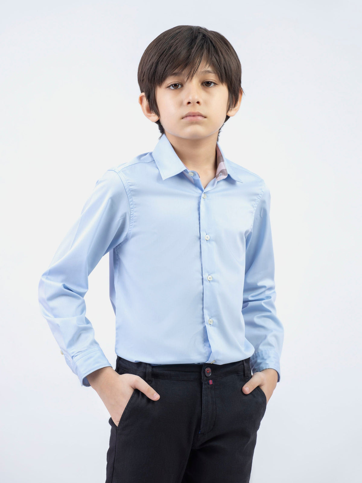 Sky Blue Formal Satin Shirt With Collar Detailing