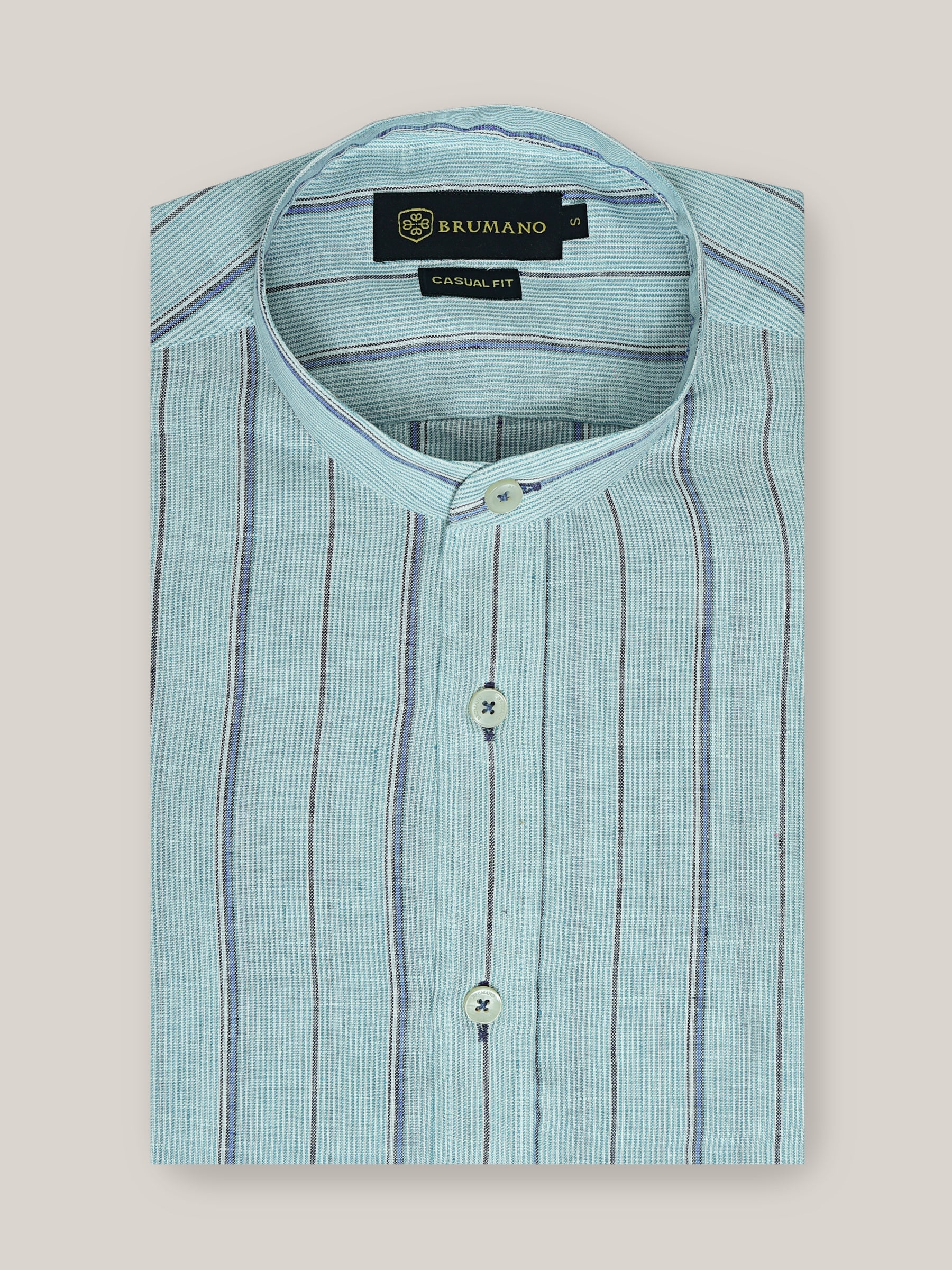 Sky Blue Linen Striped Mao Collar Shirt
