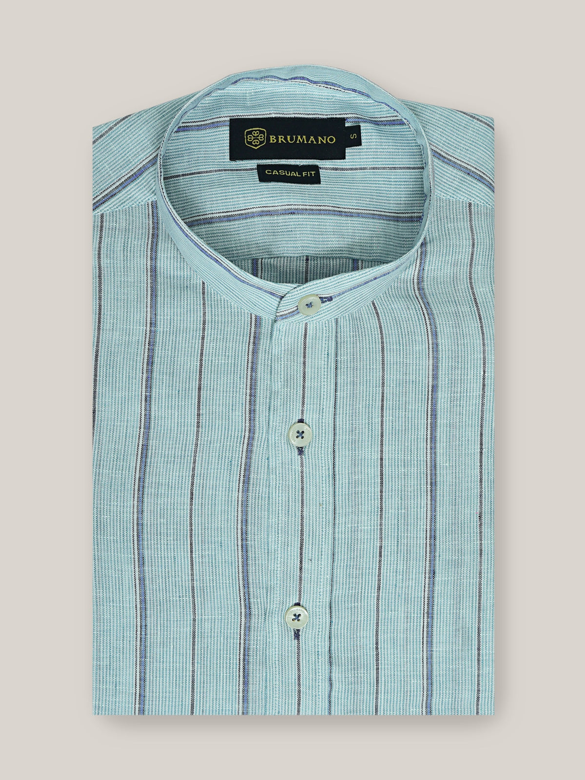 Sky Blue Linen Striped Mao Collar Shirt