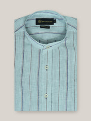 Sky Blue Linen Striped Mao Collar Shirt