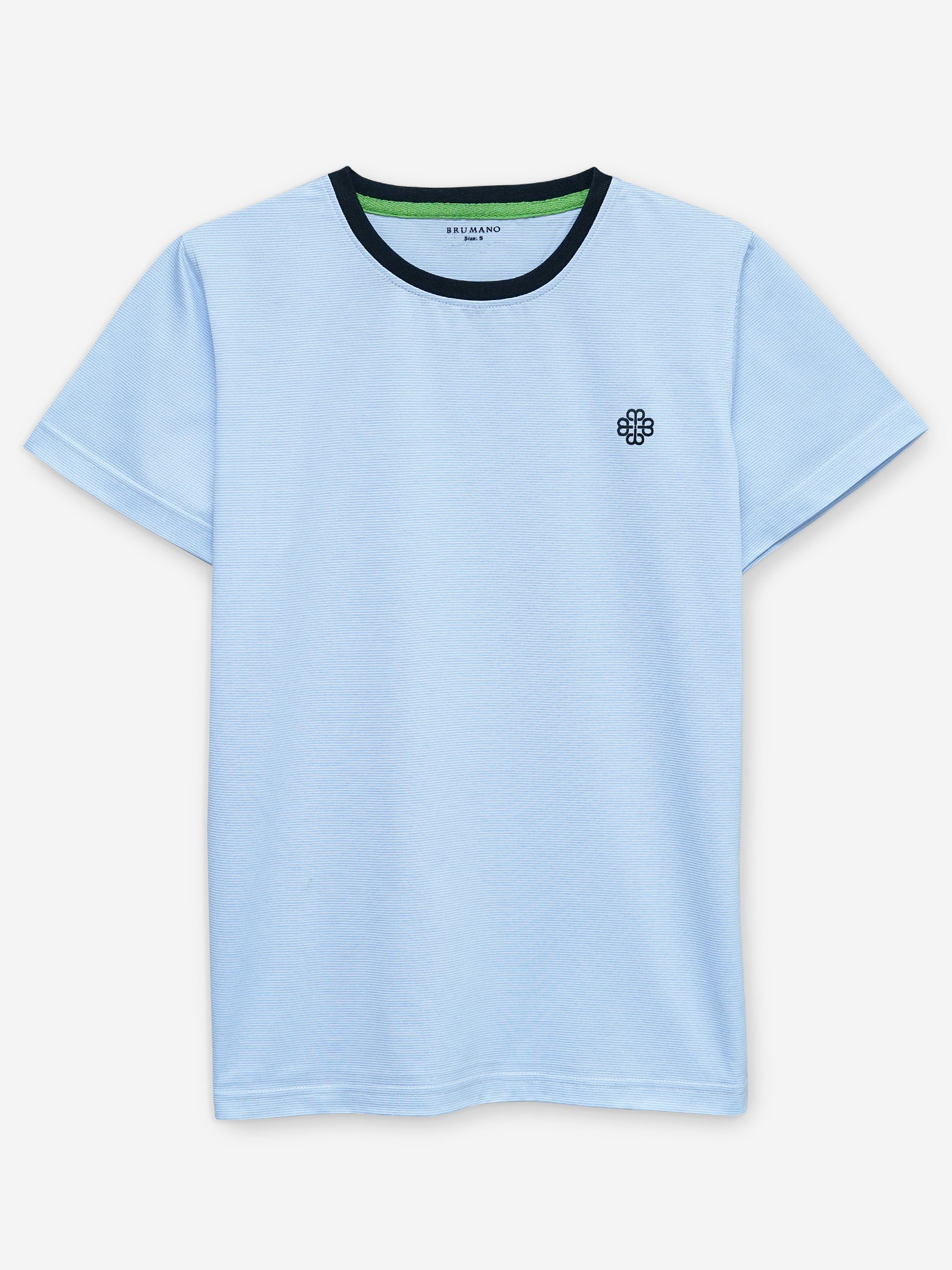 Sky Blue Striped Crew Neck T-Shirt With Contrasting Rib