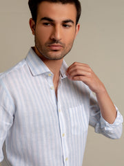 Sky Blue & White Striped 100% Linen Shirt