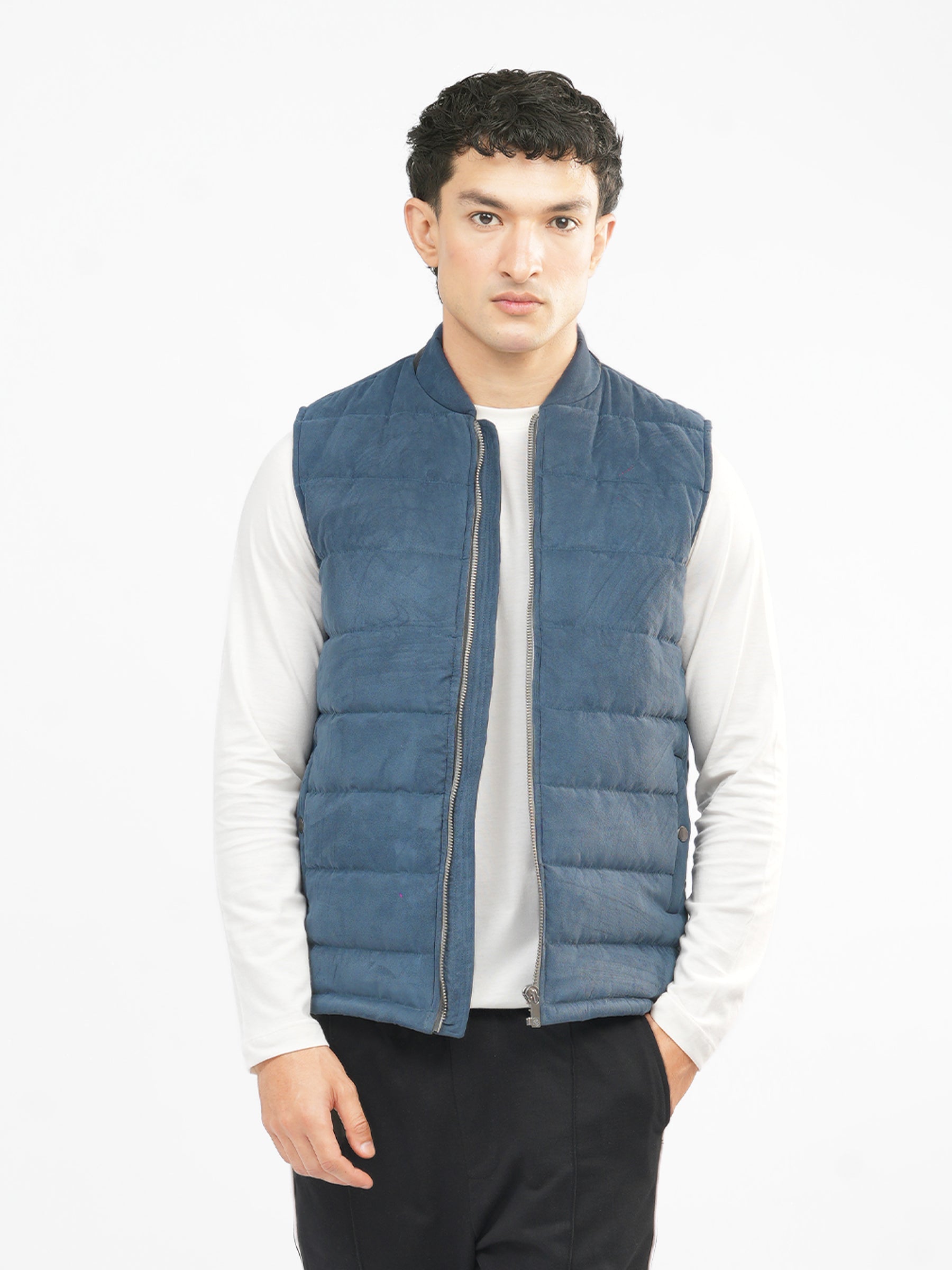 Slate Blue Suede Sleeveless Gillet Jacket