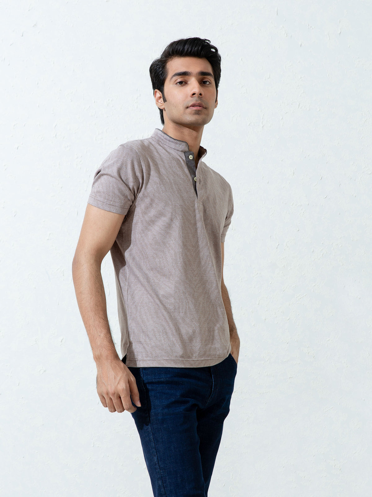 Tan Brown Mao Collar Polo Shirt