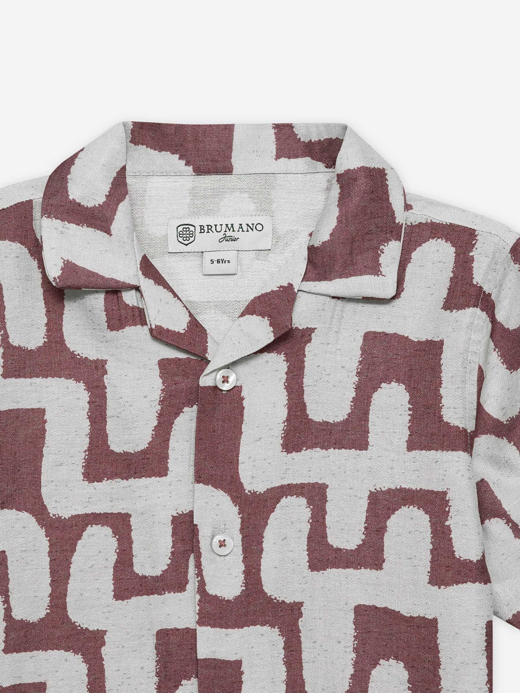 Tea Pink & Beige Abstract Printed Cuban Collar Shirt - Junior