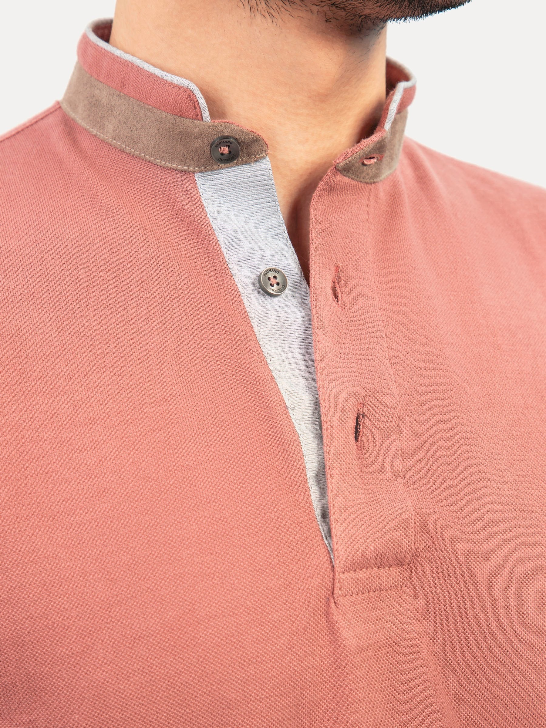 Tea Pink Mao Collar Polo Shirt With Detailing