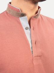 Tea Pink Mao Collar Polo Shirt With Detailing