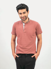 Tea Pink Mao Collar Polo Shirt With Detailing