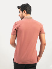 Tea Pink Mao Collar Polo Shirt With Detailing