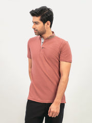 Tea Pink Mao Collar Polo Shirt With Detailing