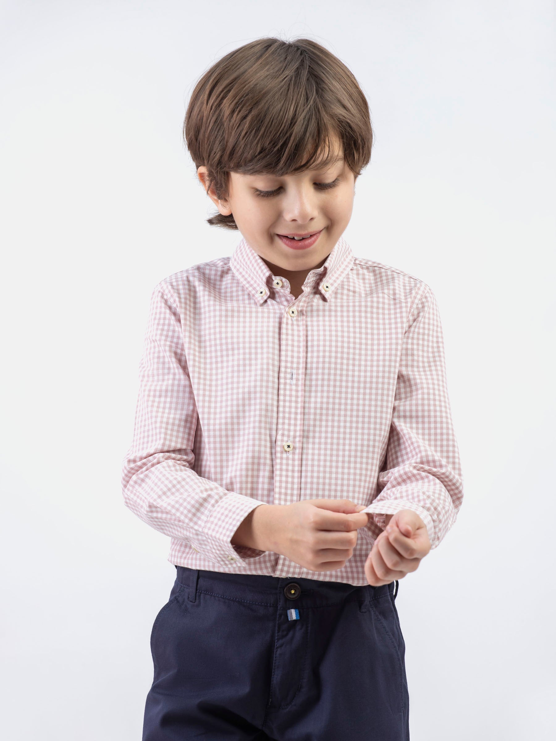 Tea Pink Micro Gingham Button Down Casual Shirt