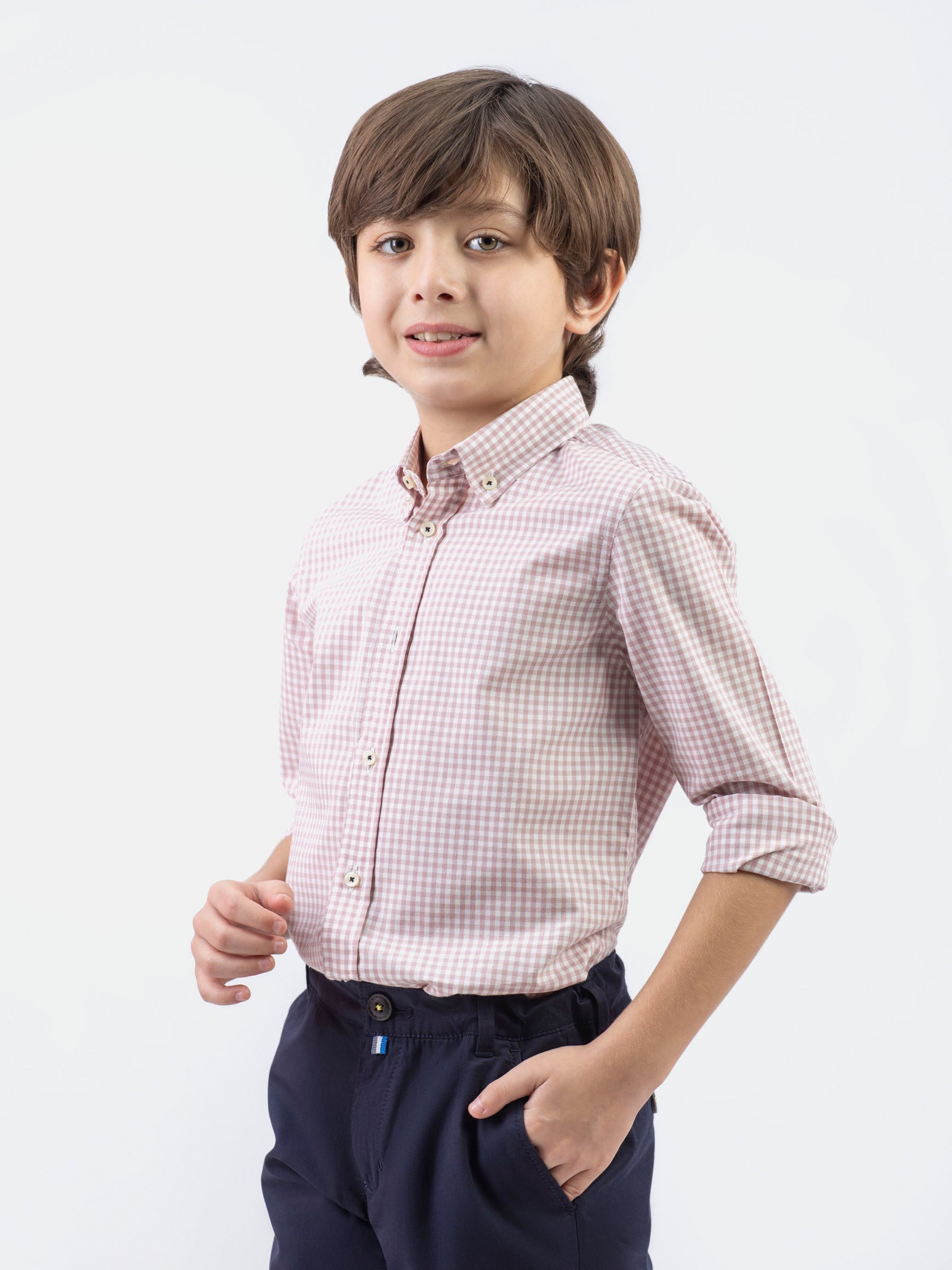 Tea Pink Micro Gingham Button Down Casual Shirt