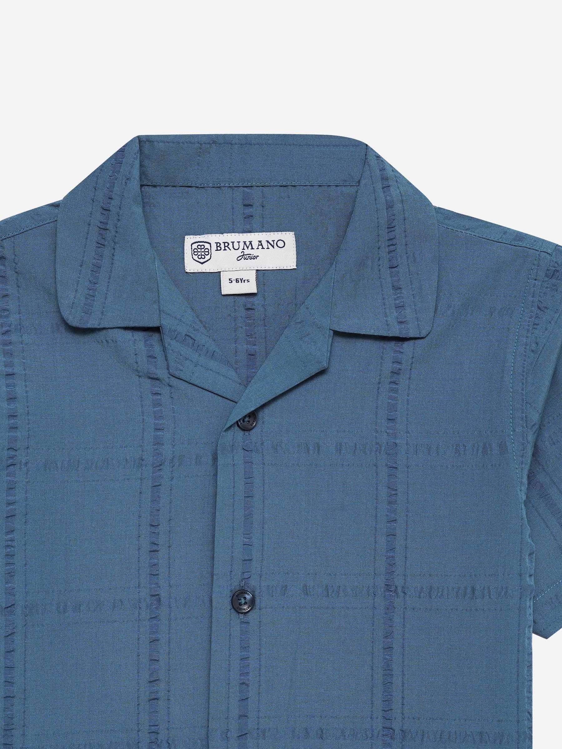 Teal Blue Seersucked Casual Cuban Collar Shirt - Junior