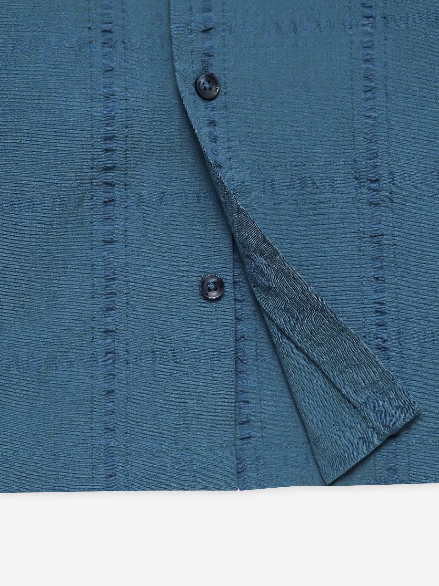 Teal Blue Seersucked Casual Cuban Collar Shirt - Junior