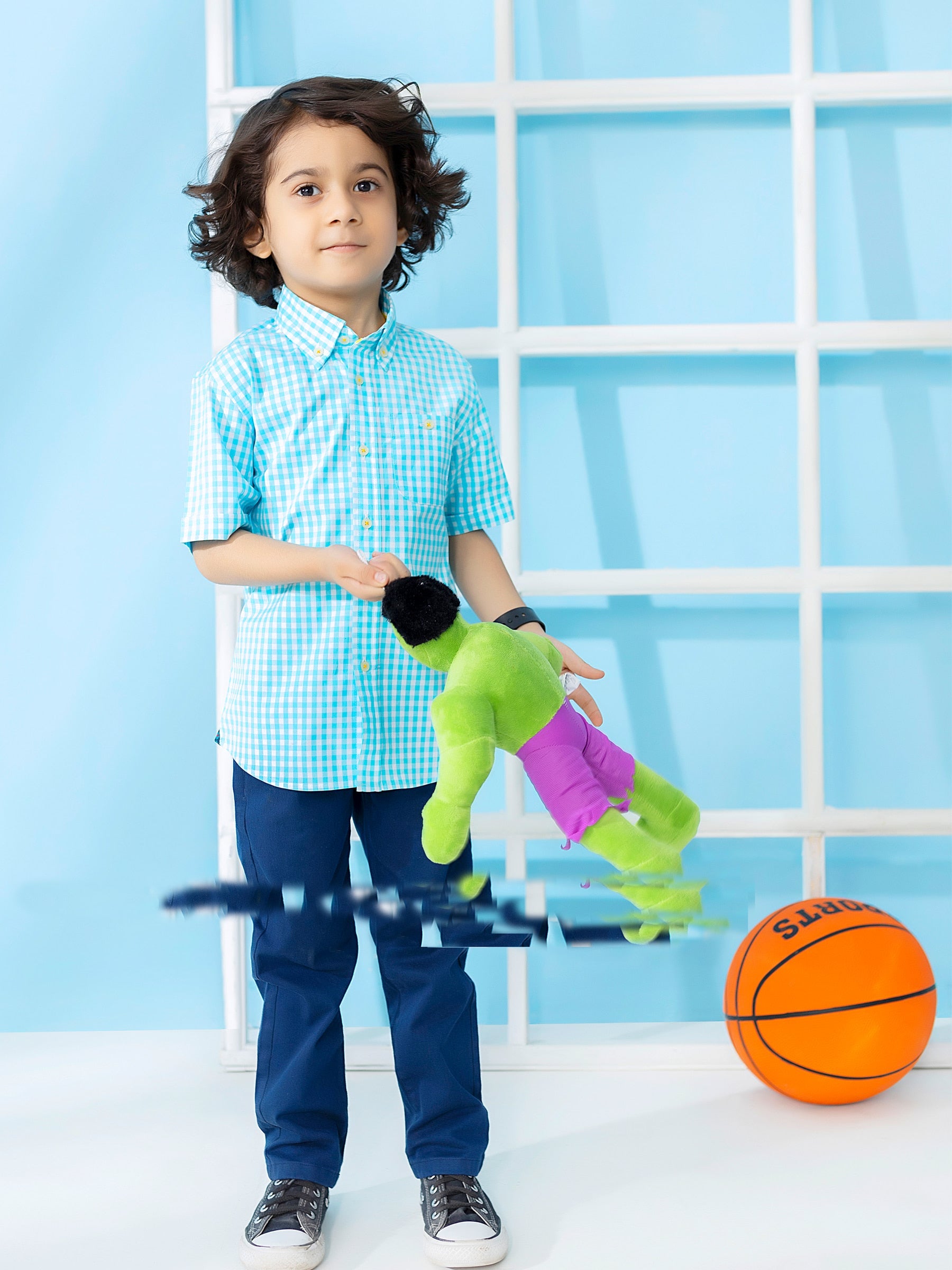 Turquoise Gingham Short Sleeve Casual Shirt