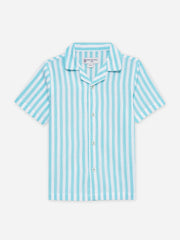 Turquoise Blue Striped Cuban Collar Shirt - Junior